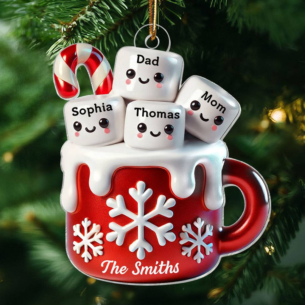 3D Effect Marshmallow Hot Cocoa Family Christmas Personalized Acrylic Ornament