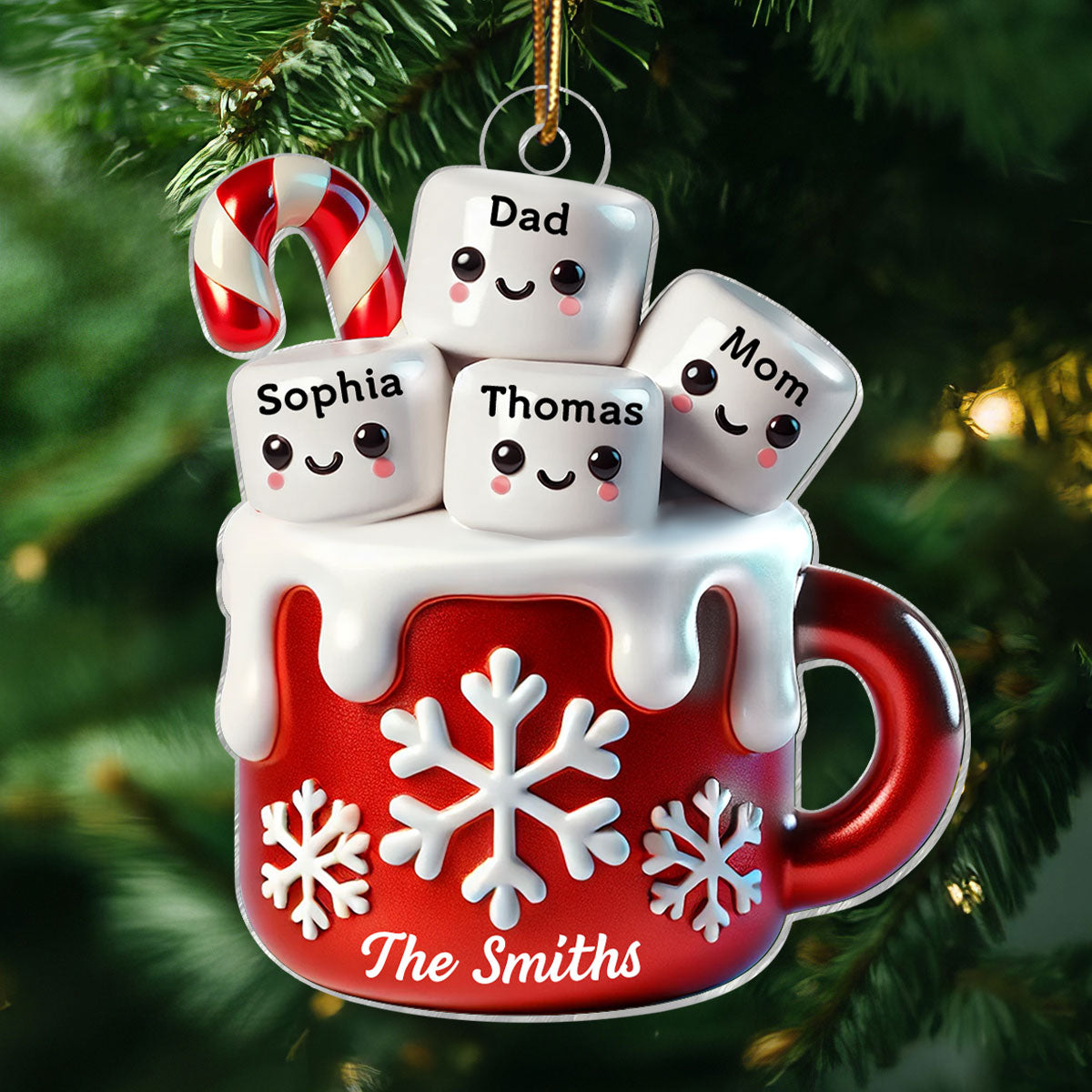3D Effect Marshmallow Hot Cocoa Family Christmas Personalized Acrylic Ornament