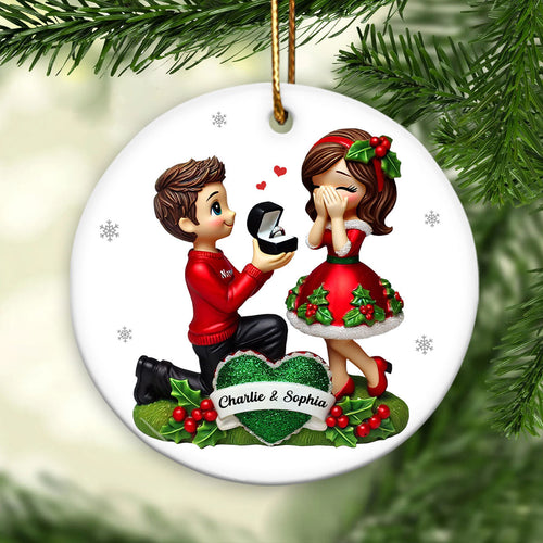 Marriage Proposal Christmas Ceramic Ornament, Personalized Newly Engaged Gift, She Said Yes! Ornament, Custom Just Engaged Gifts for Couples