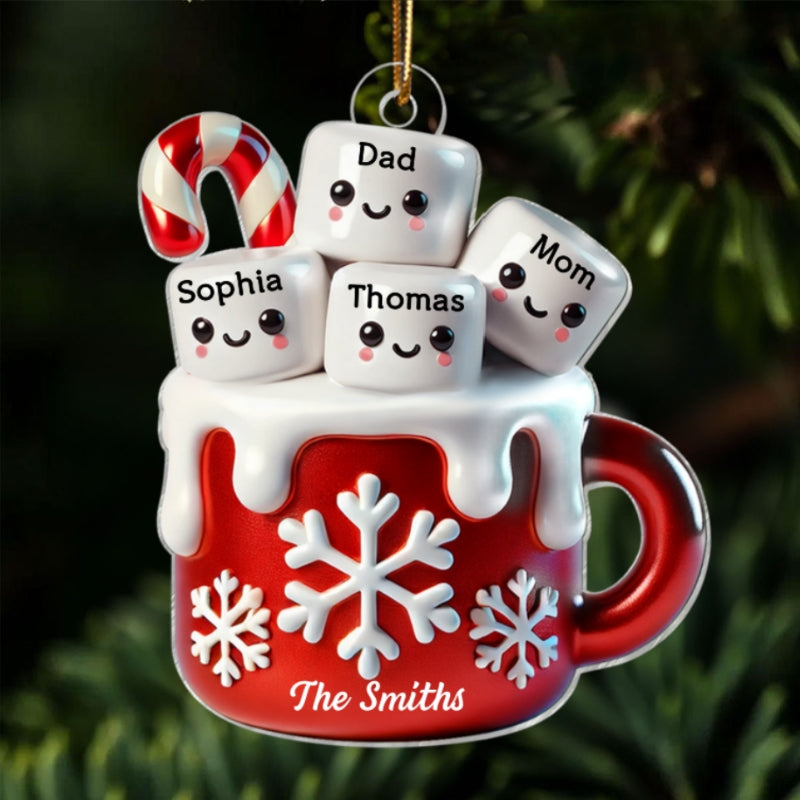 3D Effect Marshmallow Hot Cocoa Family Christmas Personalized Acrylic Ornament